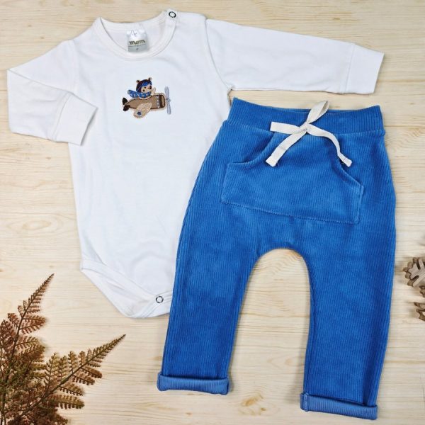 Conjunto Body Algodão Premium Bordado e Calça Veludo Canelado – Urso Avião