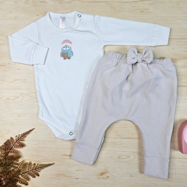 Conjunto Body Algodão Premium Bordado e Calça Veludo Canelado – Corujinha