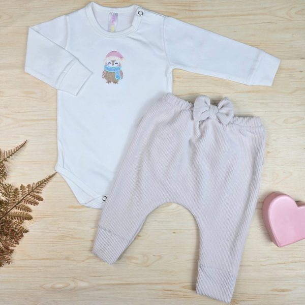 Conjunto Body Algodão Bordado e Calça em Veludo Canelado – Corujinha