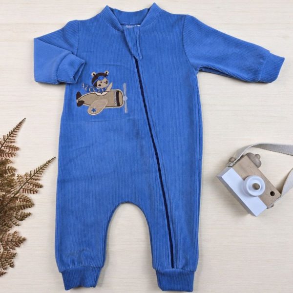 Macacão Bebê Menino Veludo Canelado Bordado Azul - Urso Avião