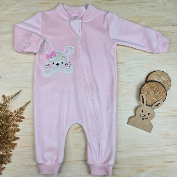 Macacão Longo Plush Bebê Rosa Bordado - Coelhinha