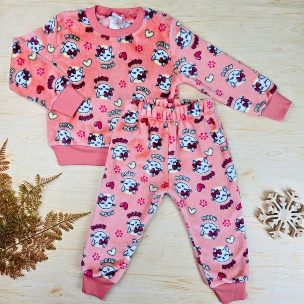 Conjunto Fleece Pijama Infantil Menina Salmão - Gatinha