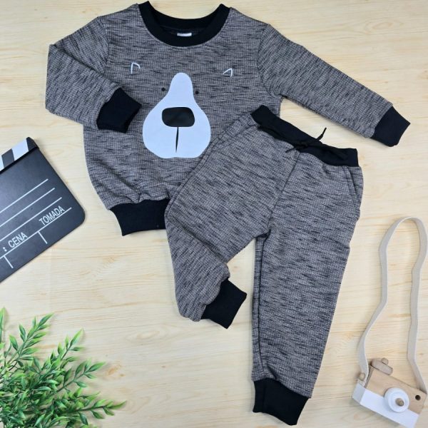 Conjunto Moletom Infantil Menino Mesclado Preto - Urso