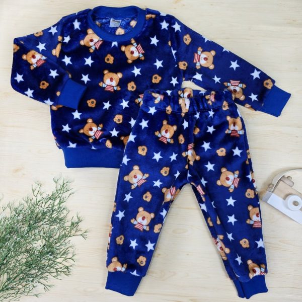 Conjunto Fleece Pijama Infantil Menino Azul - Ursinho Estrelas