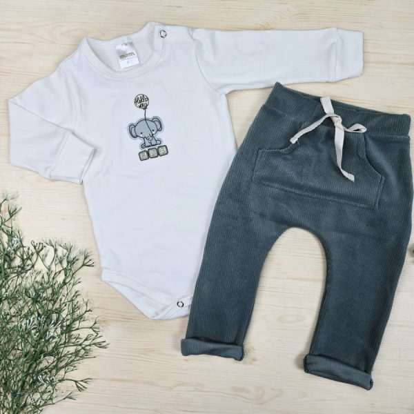 Conjunto Body Algodão Premium Bordado e Calça Veludo Canelado – Elefantinho