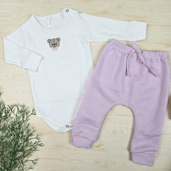 Conjunto Body Algodão Premium Bordado e Calça Matelassê – Ursa Lacinho