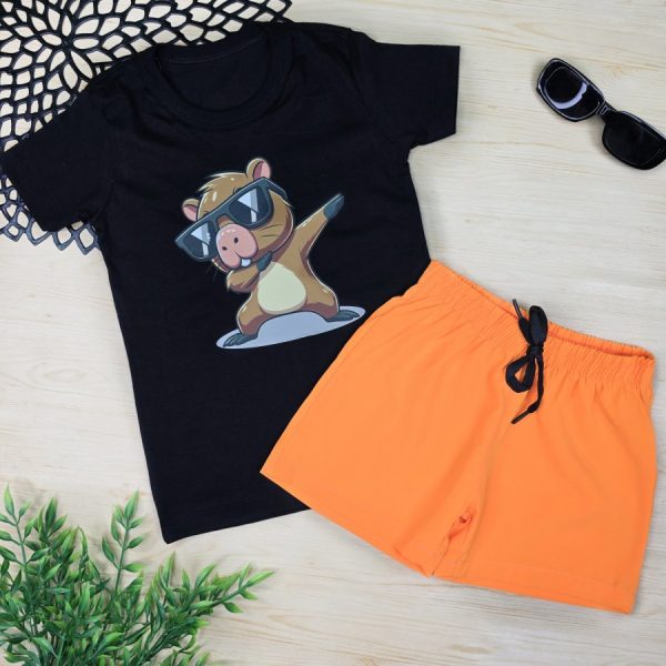 Conjunto Infantil Menino Camiseta e Shorts Tactel Laranja - Capivara