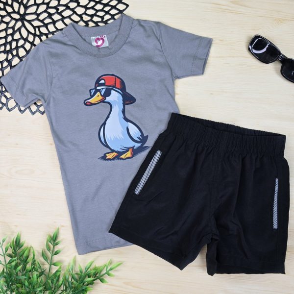 Conjunto Infantil Menino Camiseta e Shorts Tactel c/ Bolso - Cinza Pato