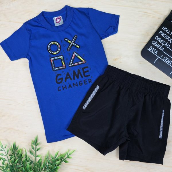 Conjunto Infantil Menino Camiseta e Shorts Tactel c/ Bolso - Azul Game