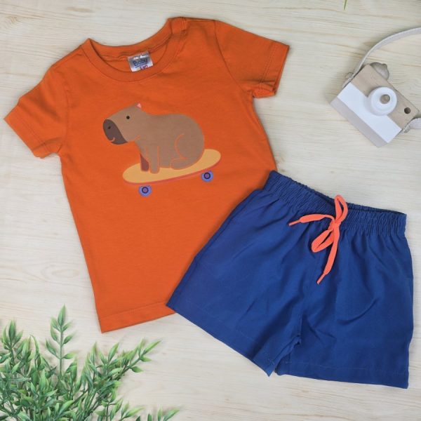 Conjunto Infantil Menino Camiseta e Shorts Tactel Azul - Capivara Skate