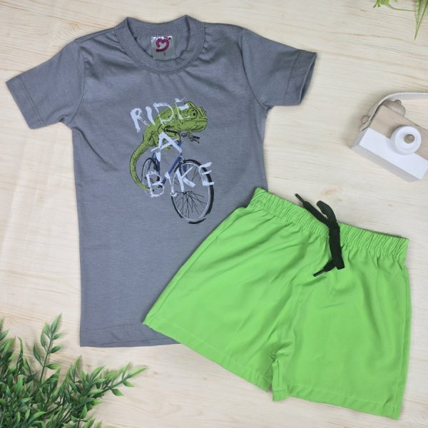 Conjunto Infantil Menino Camiseta e Shorts Tactel Verde - Camaleão