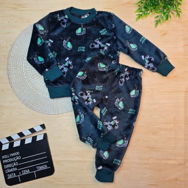 Conjunto Fleece Pijama Infantil Menino Verde - Helicóptero